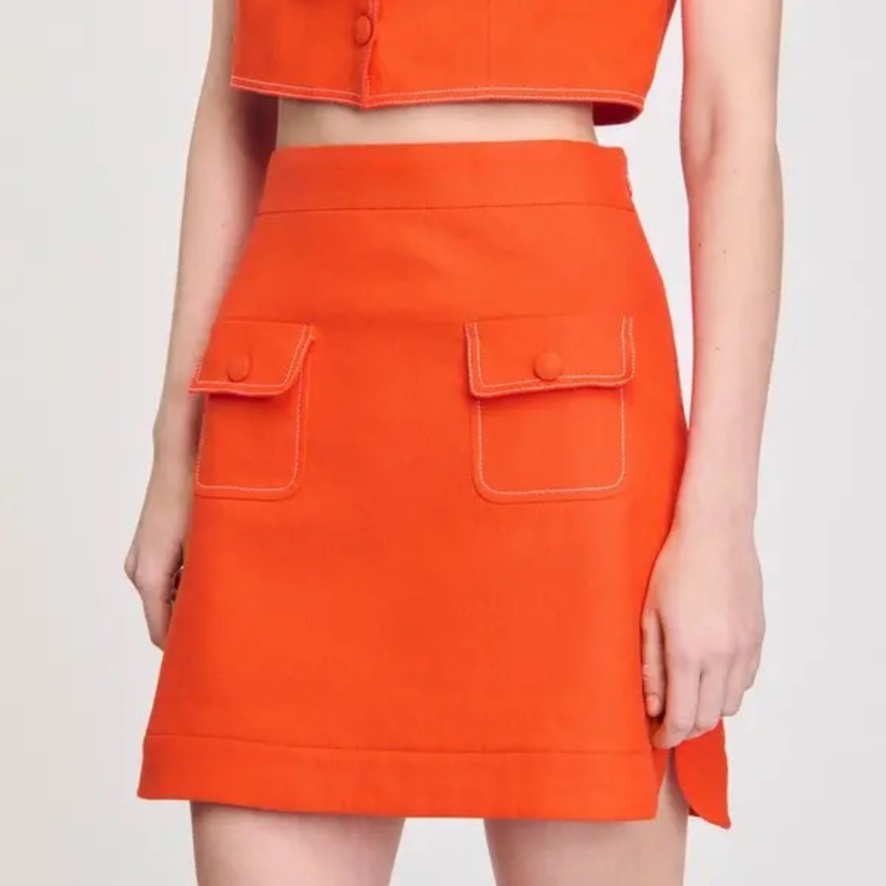 Sandro Bright Orange Mini Linen Skirt with Front Pockets